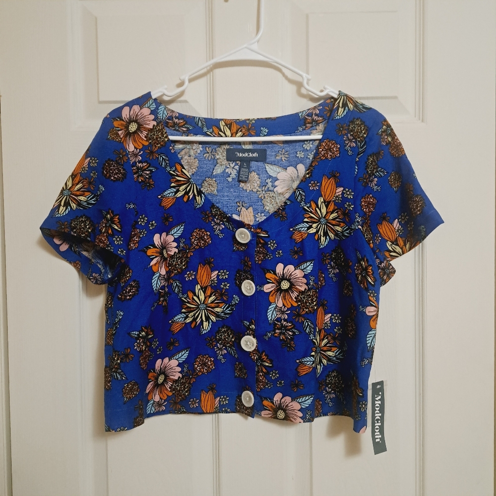 Modcloth Boho Chic Floral Cropped Button Up Top Large